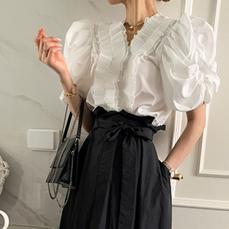Blusa plissada com decote em v, blusa de moda feminina verão, cor sólida, estilo japonês, plissada, manga bufante 2021