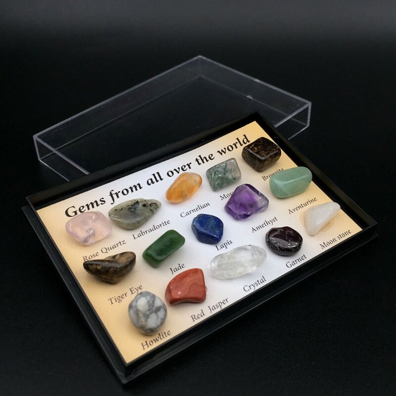 Octaedro-caja de colección educativa de Geología para niños, Kit de 15 Uds de gemas naturales pulidas para geología, envío directo