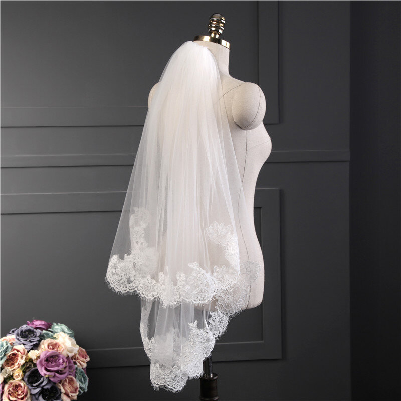 NUZK – voile de mariée court, élégant, 2 niveaux, avec peigne, dentelle nagerienne, accessoire pour cheveux de mariage, 2022