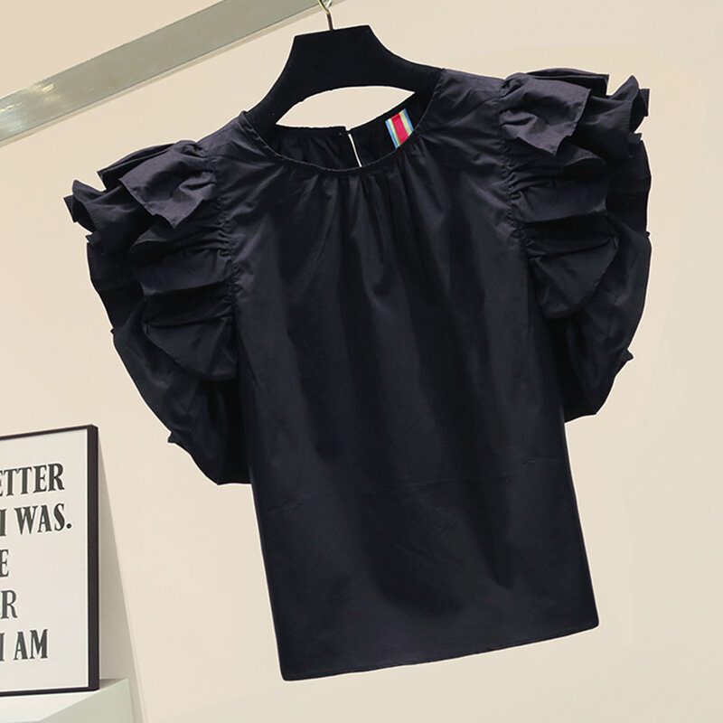 Женская блузка с круглым вырезом, Повседневная однотонная блузка в Корейском стиле ретро, лето 2021