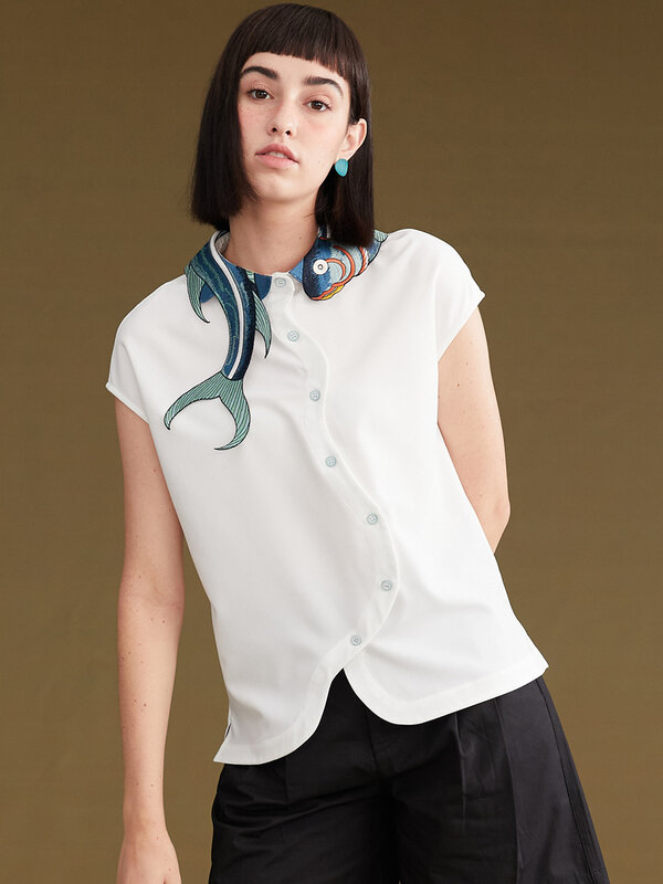 2023 Summer Women Irregular Koi Fish Embroidery Sleeveless Shirt