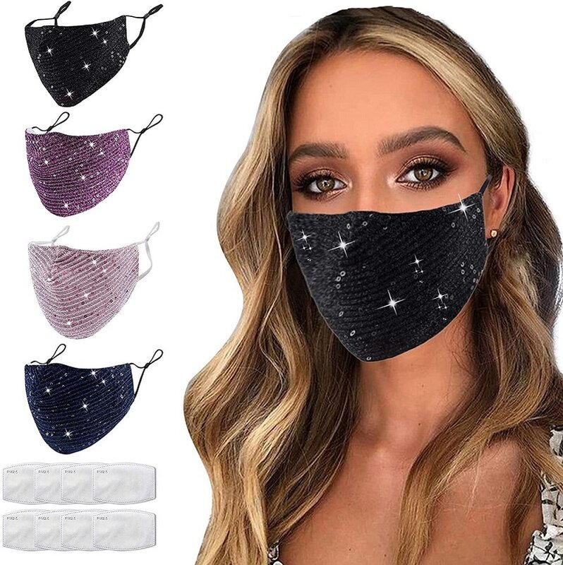 Dekorasi Kilat Hitam Dapat Digunakan Kembali 1 Buah Mode Payet Bling Masker Wajah Dapat Dicuci untuk Wanita Kualitas Mewah Permata Wajah Klub Malam