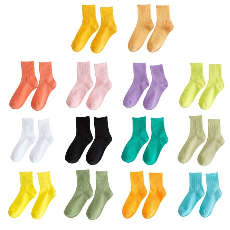 14 Pairs Women Knitted Cotton Crew Socks Neon Solid Color Skateboard Hosiery