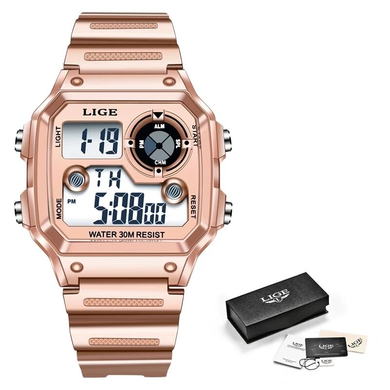 LIGE Fashion Women Sports Watches Waterproof Ladies Student Multifunctional Wristwatch LED Digital Quartz Pink Watch Girl Clock