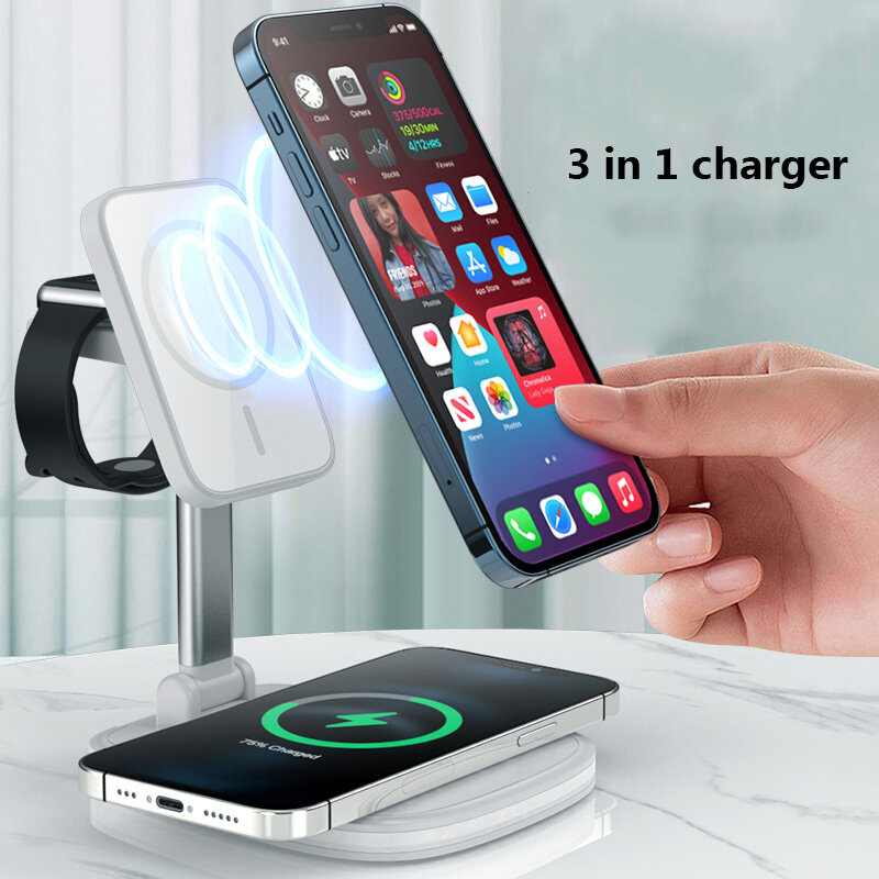 Qi-cargador inalámbrico magnético inteligente 3 en 1, adaptador de carga rápida para teléfono móvil, Apple Airpods Watch 6 5 4para iPhone 12 11