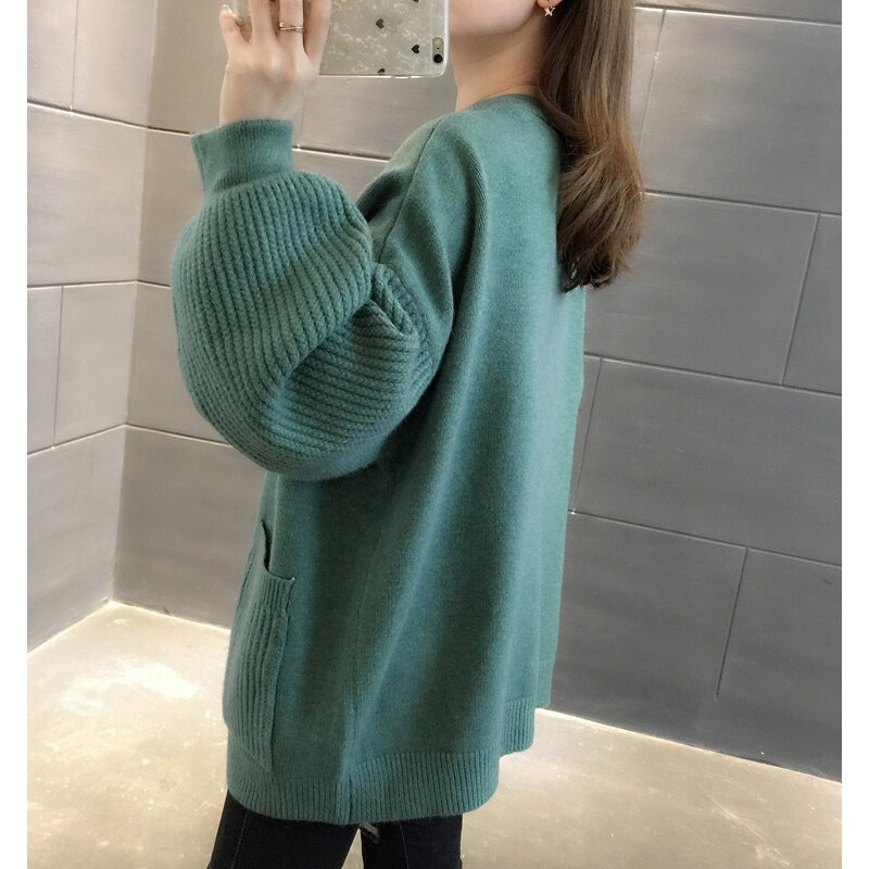 Knitted Women Oversized Cardigan Sweater Solid Color Loose  V-neck Sweater Cardigan Coat Autumn Fashion