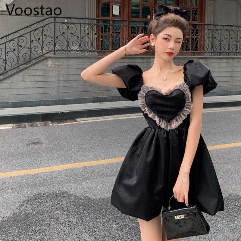 Gótico harajuku preto mini vestido de verão feminino doce puff manga em forma de coração rendas babados vestidos de festa feminino chique vestido de férias