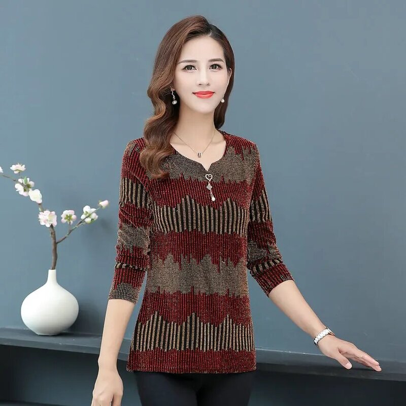 Autumn Spring Golden Yarn Blouse Women Green Red Purple Stripe Glitter Top Middle Aged Woman Long Sleeve Clothes Plus Size 5XL