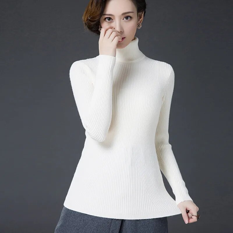 Elegancki Slim Plus Size sweter z golfem kobiet 2021 zima gruby ciepły dziergany sweter koreański moda z długim rękawem prosta koszula