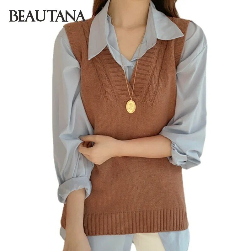 BEAUTANA Knitted Sweater Vest for Women 2021 Autumn Solid V Neck Plus Size Pullover Loose Chic Knitting Yarn Ribbed Tank Top