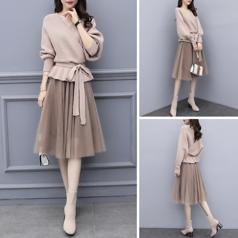 Large Size Women's Sweater Skirt Set 2022 Autumn and Winter Fashion Solid Color Knitted Sweater Casual Lace Skirt Two-piece