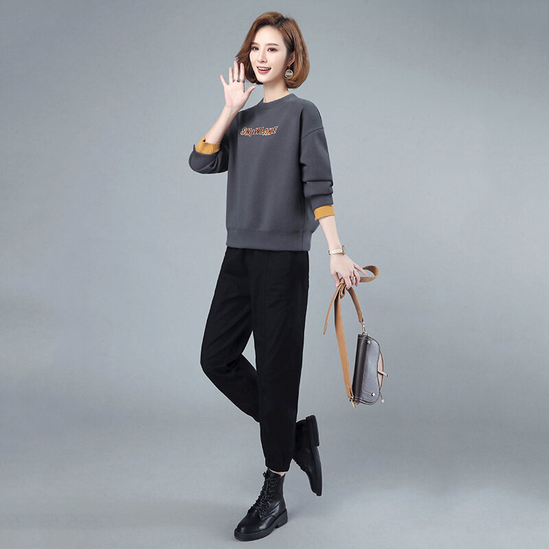 2021 jesień nowy sweter kombinezon damski Casual Temperament koreański styl luźne odchudzanie dwuczęściowe spodnie w komplecie bawełna