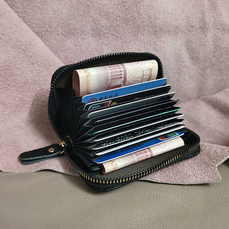 Card ID Clip Cowhide Leather Card Holder Black/Blue/Pink Business Card Holder 11 Digits Zipper Color Matching Credit Card Case