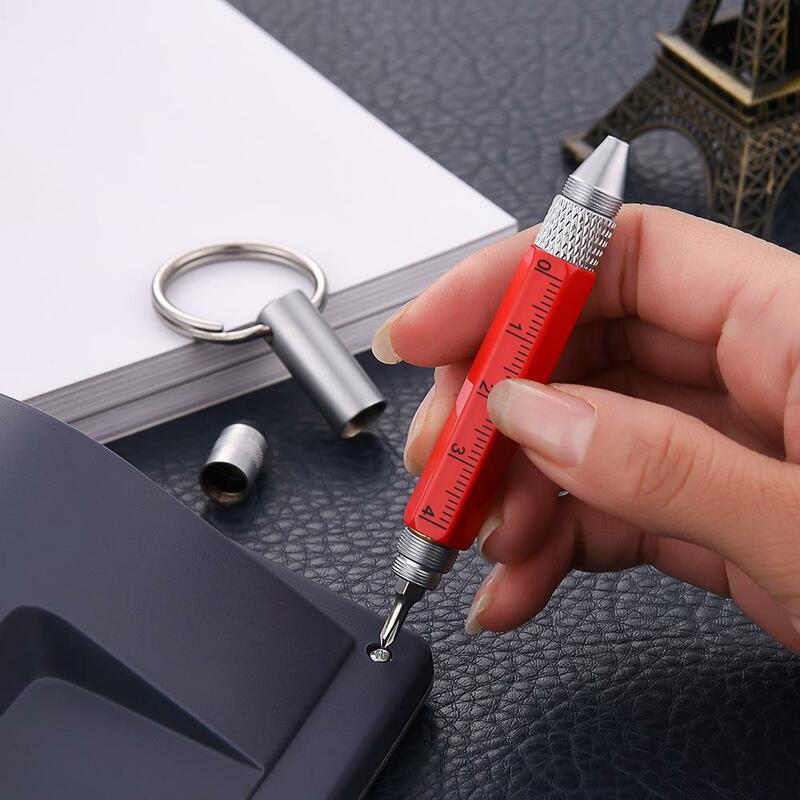 6-em-1 giratório regra canetas tela de toque ferramenta multi-função caneta metal caneta chave de fenda sextavada mosquetão pequena escala esferográfica