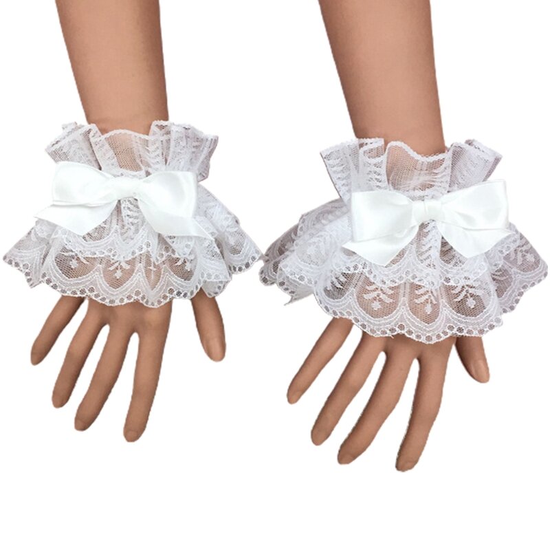 ผู้หญิง Lolita มือข้อมือแขนข้อมือ Cuffs Ruffled Lace Bowknot คอสเพลย์สร้อยข้อมือสายรัดข้อมืองานแต่งงานเครื่อง...