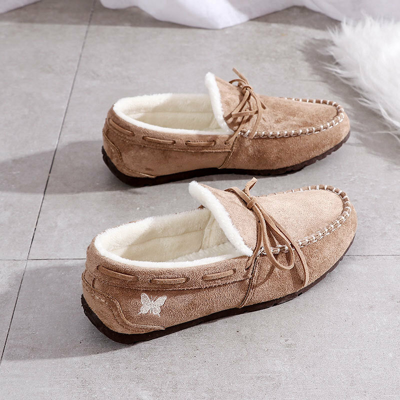 2020 Winter New Women Plus Velvet All-match Flat-bottomed Plush Shoes Home Casual Peas Shoes Butterfly Embroidery 4 Color 35-40