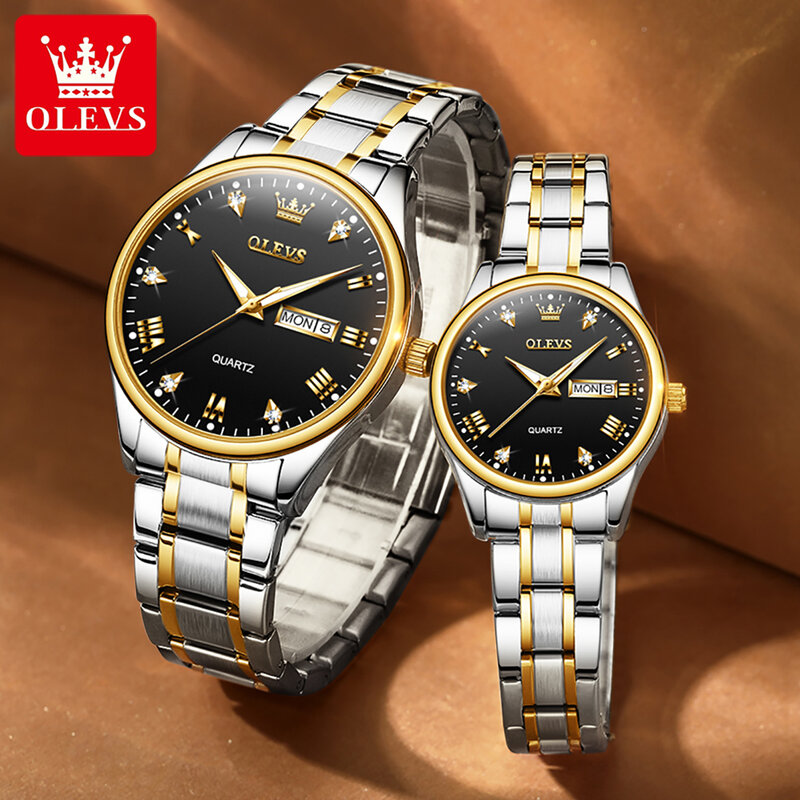 OLEVS новые Пара смотреть золотые модные часы из нержавеющей стали для влюбленных Кварцевые наручные часы женские водонепроницаемые наручны...