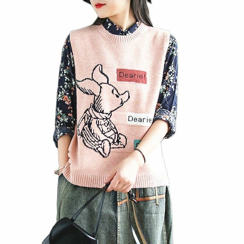 Casual Ladies Sleeveless O Neck Sweater Vest Women Spring Autumn Korean Knitted Vest Letter Print Cute Cartoon Cashmere Vest