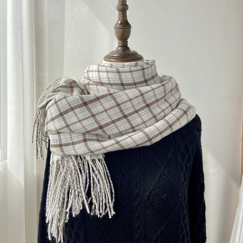 Bufanda de Cachemira para hombre y mujer, chal cálido de lana gruesa, Retro, con borlas, a cuadros, a la moda, de Japón y Corea, para invierno