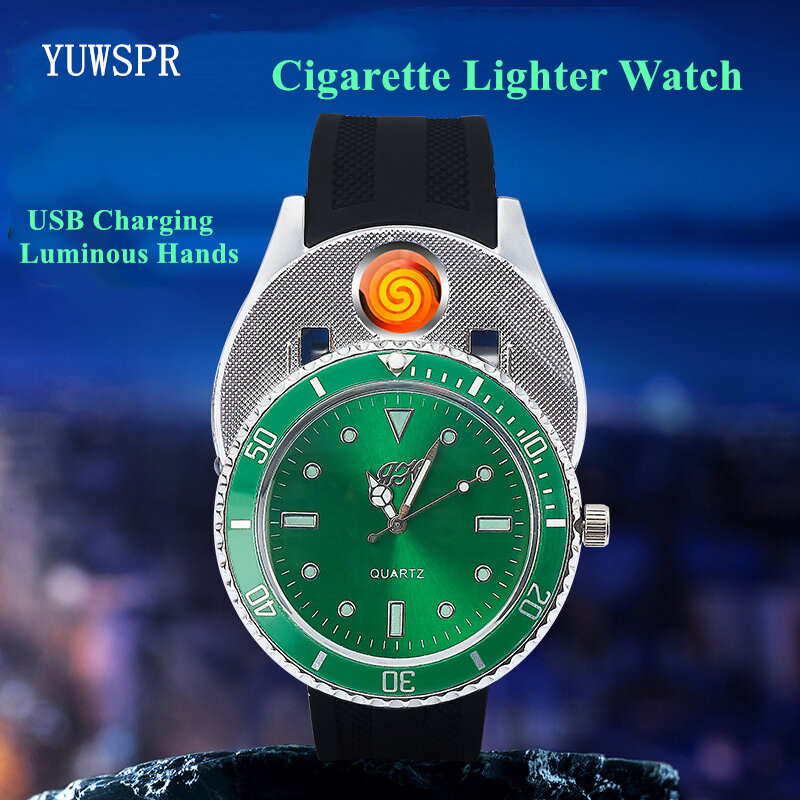 Reloj de cuarzo ligero para hombre, cronógrafo recargable con USB, manecillas luminosas, correa negra, verde fantasma, a la moda, JH333