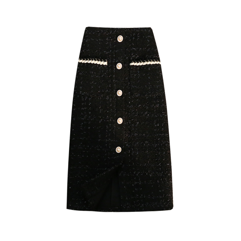 Hebe & eos vintage de lã preto saia branca cintura alta coreano moda a linha elegante escritório wear feminino midi saia outono inverno