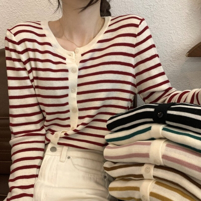 Cardigan tricoté à rayures pour femmes, pull fin Chic, à manches longues, Ins, nouveau, début de l'automne, coréen, 2021