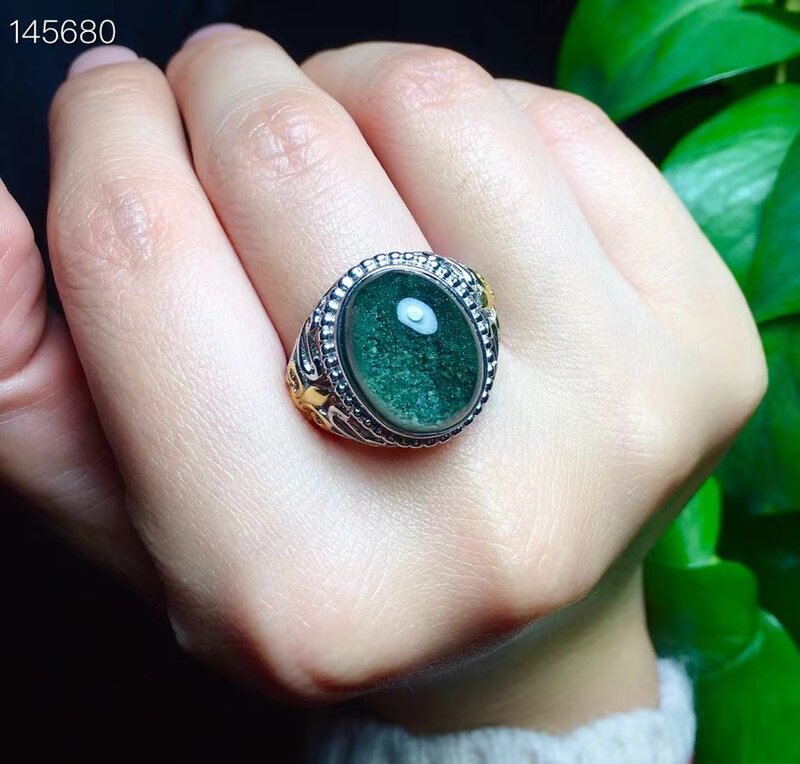 Natural Green Phantom Quartz Adjustable Oval Ring 16.5/13/9mm Women Mem Big Size 925 Silver Green Phantom Jewelry AAAAAA