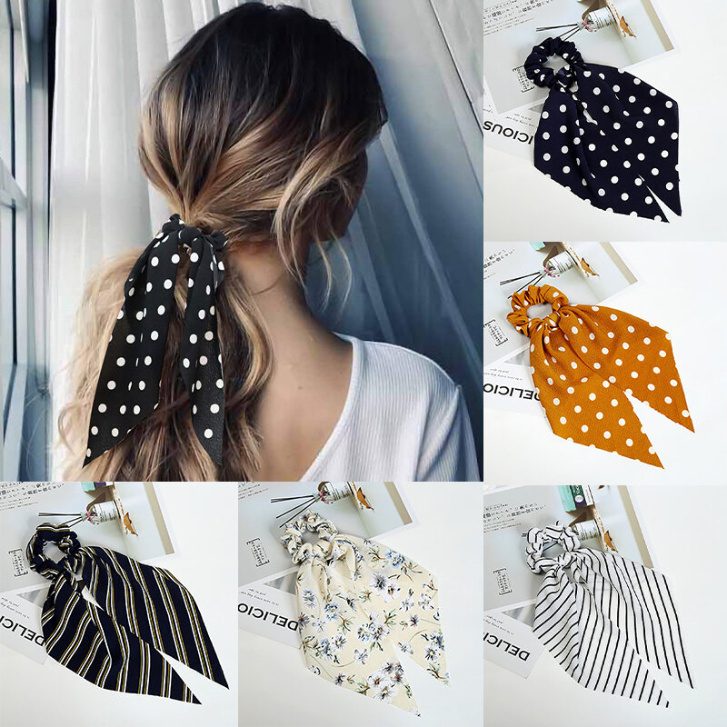 Ladies Fringed Hairband Polka Dot Flower Printing Stretch Bow Hair Accessories Girl Hairband Korean Sweet Hair Rope Headdress