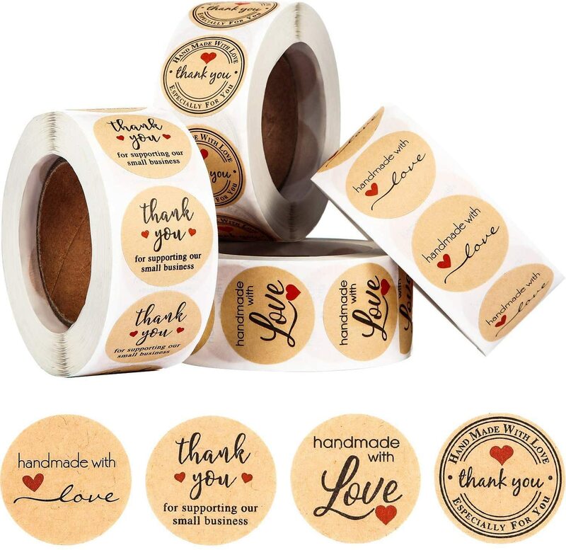 Rolo de adesivos artesanais com amor, obrigado, etiqueta, adesivo redondo kraft 4