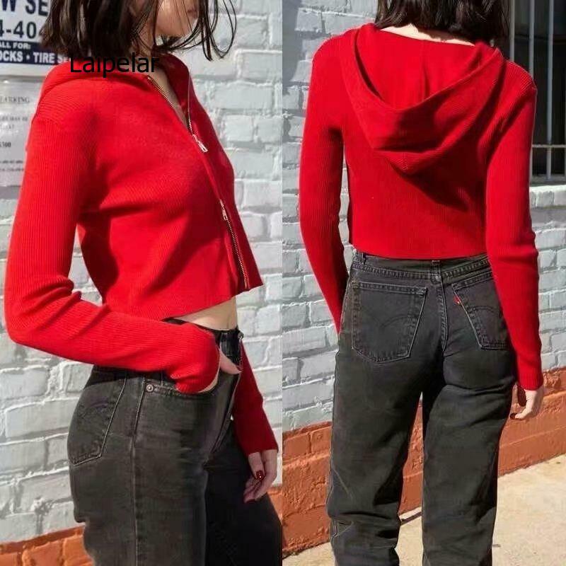 European and American Style Slim Fit Short Zipper Hooded Long Sleeve Women's Open Navel Sweater Top