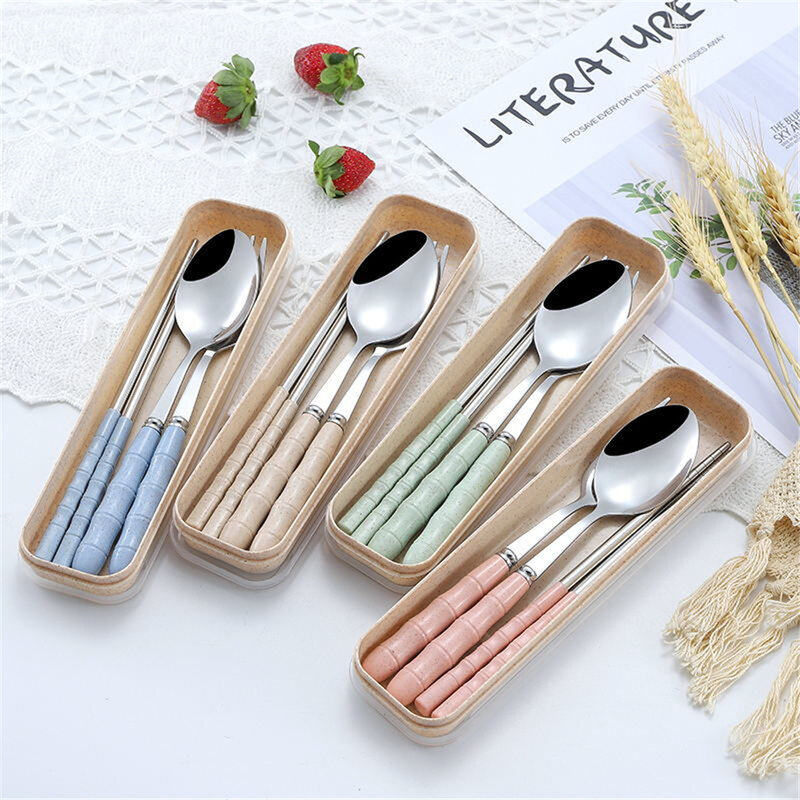 Set Tableware Stainless Steel Wheat Straw Chopsticks Spoon Fork Student Adult Travel Canteen Portable Tableware