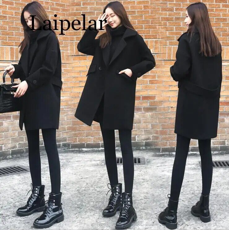 2019 jesień i zima wełniany płaszcz zagęścić Med nowy styl gruby Mm koreański styl luźny krój wyszczuplający czarno-biały z wzorem