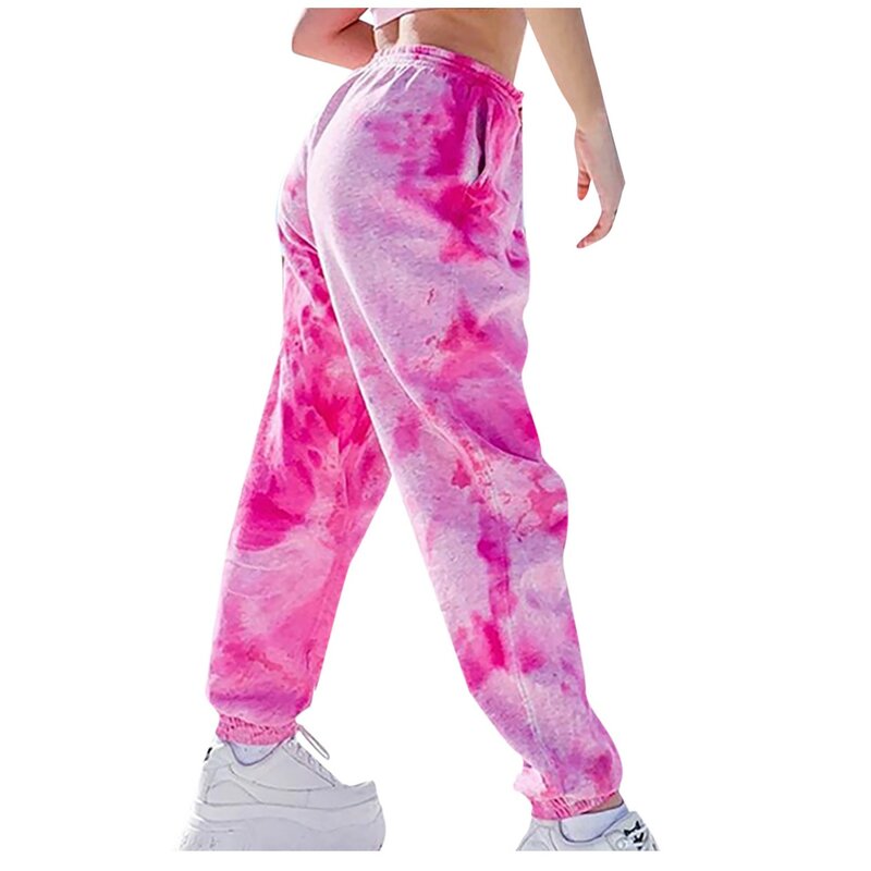Women Casual Pockets Sweatpants Loose Elastic Waist Sports Pants Tie-dye Print Hip Hop Baggy Ankle-length High Waist Trousers
