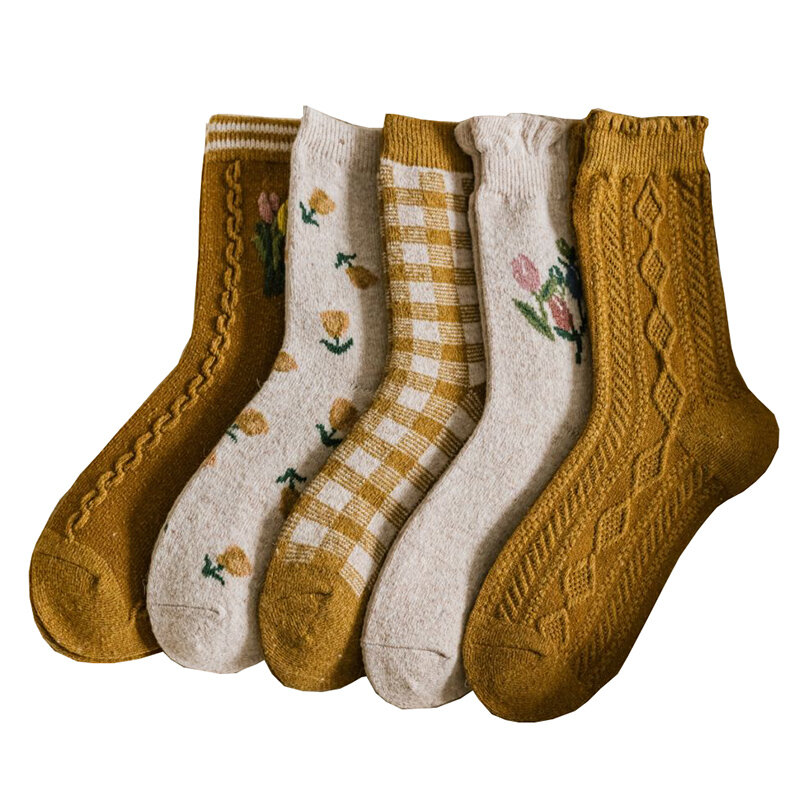 Calcetines con flores Lolita-calido algodón lana Kawaii para mujer, medias para botas suave de invierno para chica, regalo de Navidad amarillo dorado