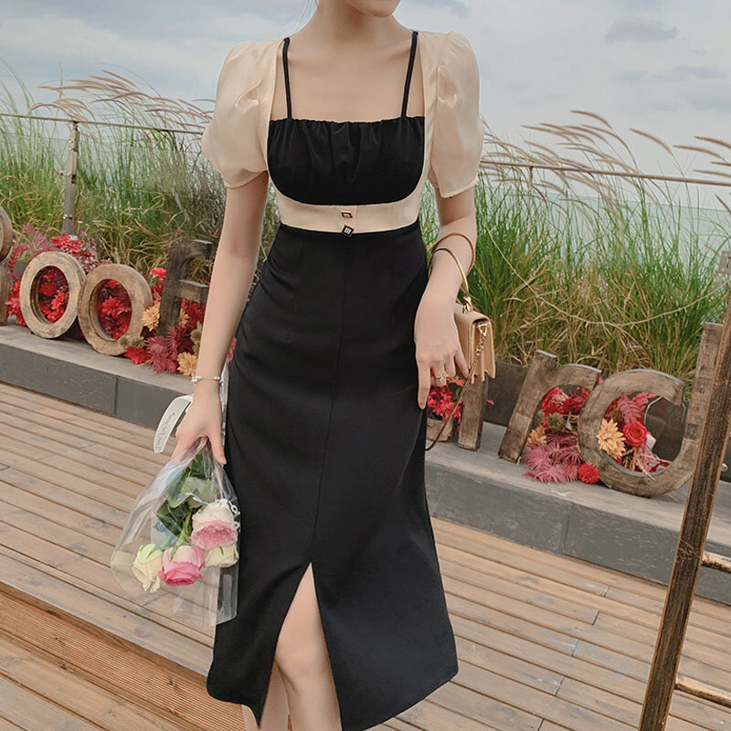 2021New Französisch Frauen Casual Kurzarm Design Elegante Temperament Kleid Koreanische Mode Hohe Taille Puff Hülse Nähte Kleid
