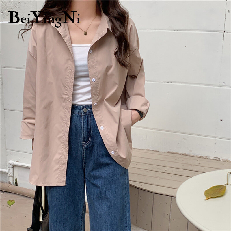 Beiyingni Single-breasted Shirts Female Simple Casual Plain Kpop Vintage Blusa Women Top Spring Autumn 2021 Long Sleeve Blouses