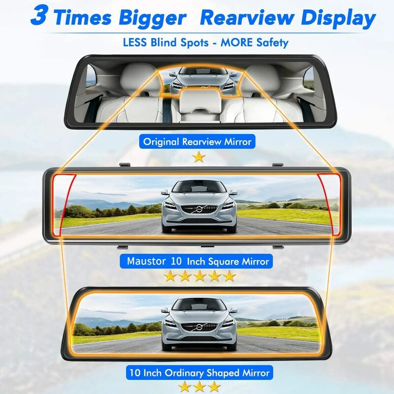 Grabadora de vídeo para espejo retrovisor de coche, pantalla táctil de 10 pulgadas, doble lente separada, FHD, 1080P, cámara de respaldo DVR, frontal y trasera Dual