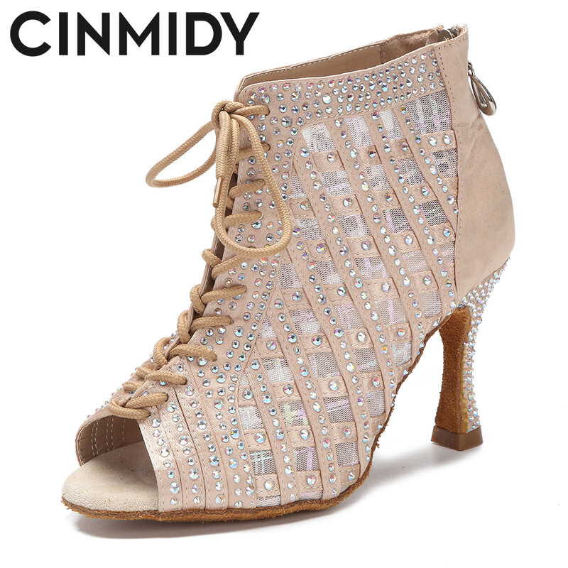 CINMIDY – bottes de danse latine pour femmes, chaussures de danse Samba pour salle de bal, en maille respirante, à talons hauts, à la mode, semelle souple
