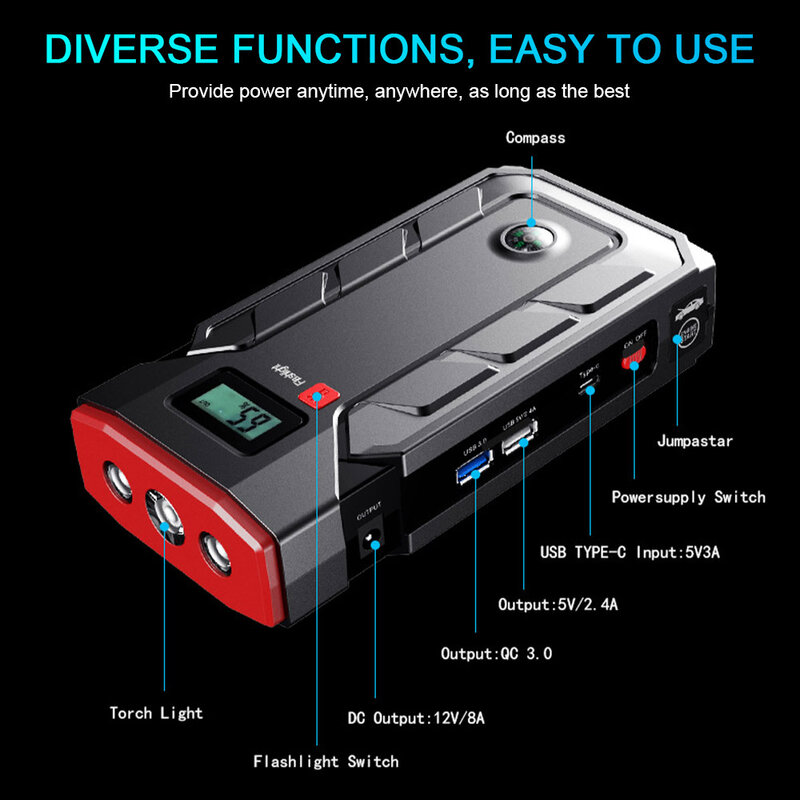 1000A Car Jump Starter 50800/68800Mah High power Portable Emergency Charger Battery Booster Power Bank 12V Starting Device Cable