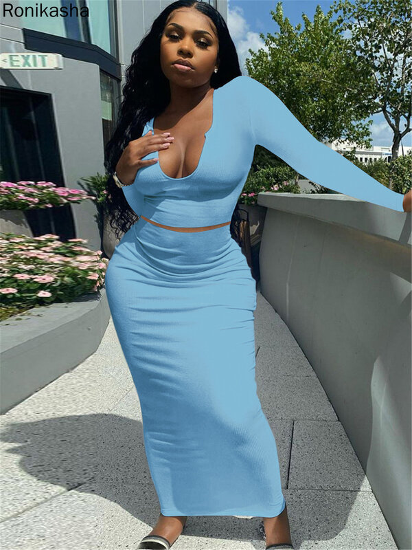 Ronikasha donna Sexy Summer Scoop Neck pouf costine 2 pezzi Outfit Bodycon Crop Tank top Long Maxi Skirt Set Club Dress