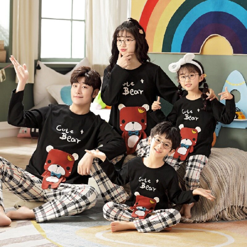 Família combinando roupas imprimir família pijamas serviço de casa pai-filho terno topo + calças de manga longa bonito dos desenhos animados roupas de casa