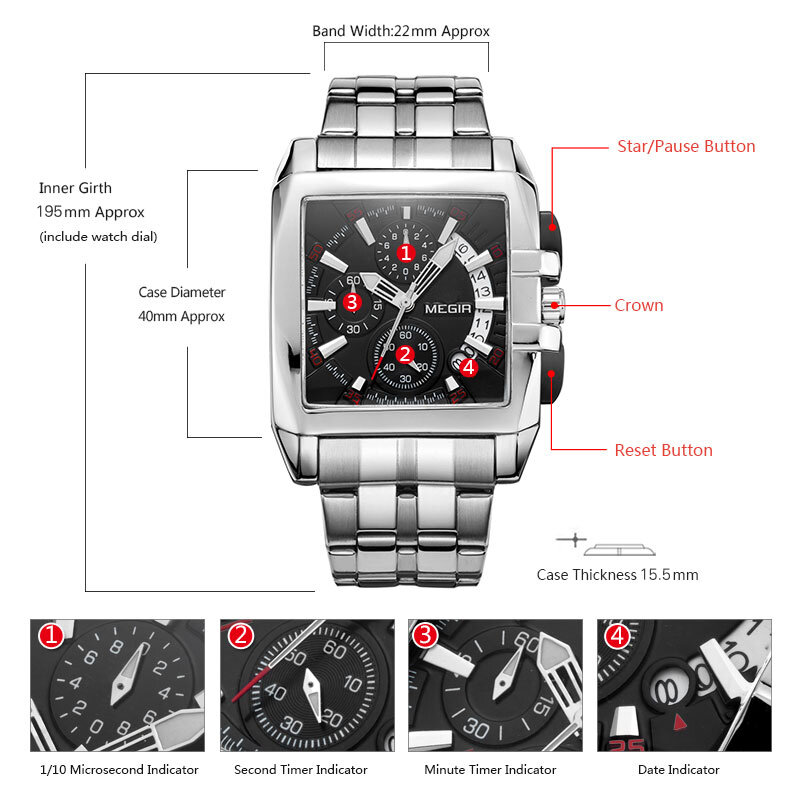 Megir Mannen Big Dial Luxe Top Merk Quartz Horloges Creatieve Zakelijke Rvs Sport Horloges Mannen Relogio Masculino