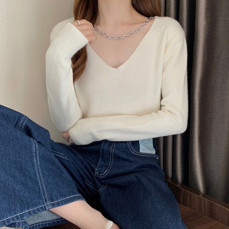 Camiseta feminina com decote em v outono moda magro curto de malha topos manga longa inferior de malha pulôver