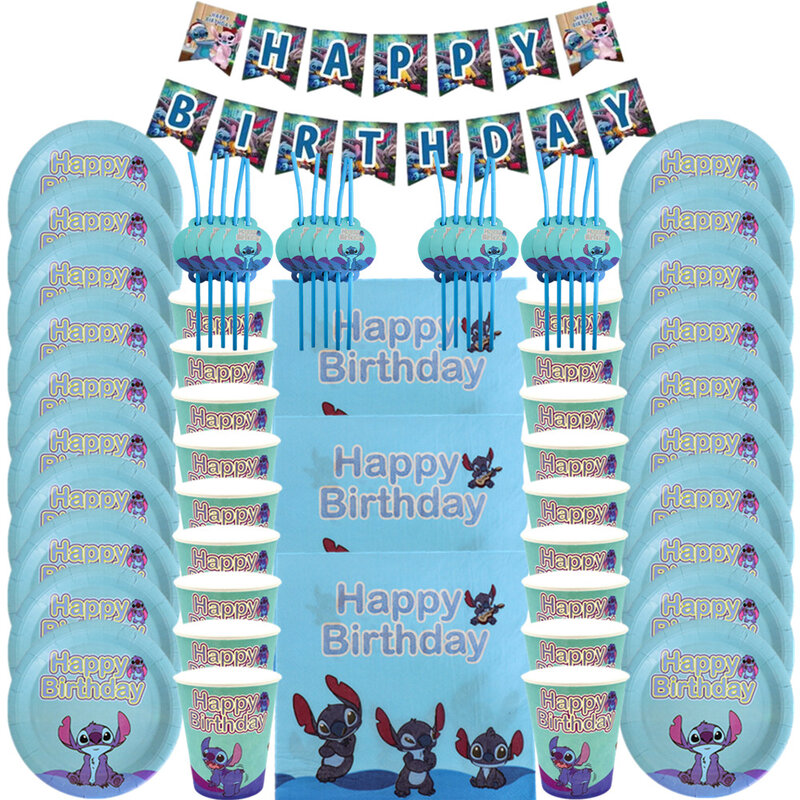 Disney lilo & stitch tema festa de aniversário feliz decoração crianças chá de fraldas ponto suprimentos de festa decoração conjunto de utensílios de mesa descartáveis