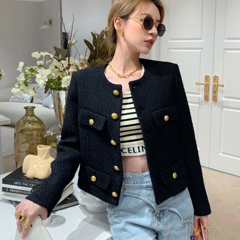 2021 Small Fragrance Women Black Tweed Outerwear Autumn Winter Golden Button Blends Wool Female Long Sleeve Jacket Coat