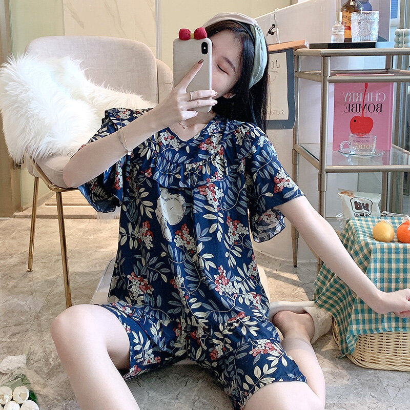 Short Sleeve Pajamas Women's Summer Internet Hot Artificial Cotton Silk Home Wear Japanese Girl Loose Large Size Bourette Suit