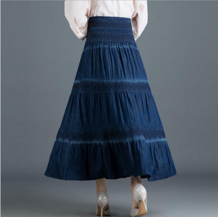 Nova primavera verão mulheres denim saia estilos nacionais elástico cintura alta plissado maxi saias moda feminina calças de brim longo saias k1248