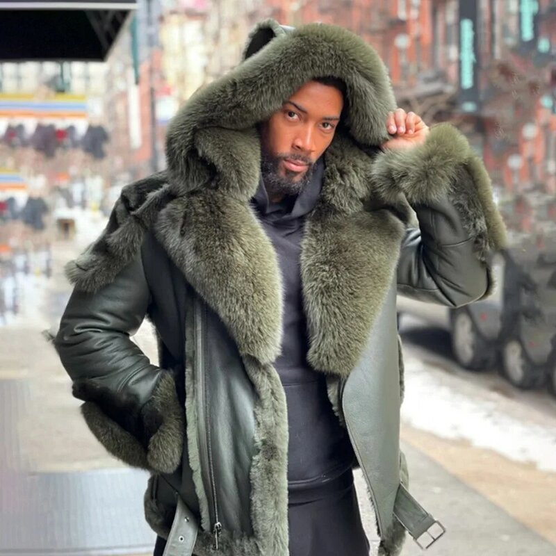 フード付きの厚くて暖かい革のジャケット,男性用のフェイクレザーの新しい暖かい長袖ベルベットの毛皮のコート,緑の毛皮の襟,2021