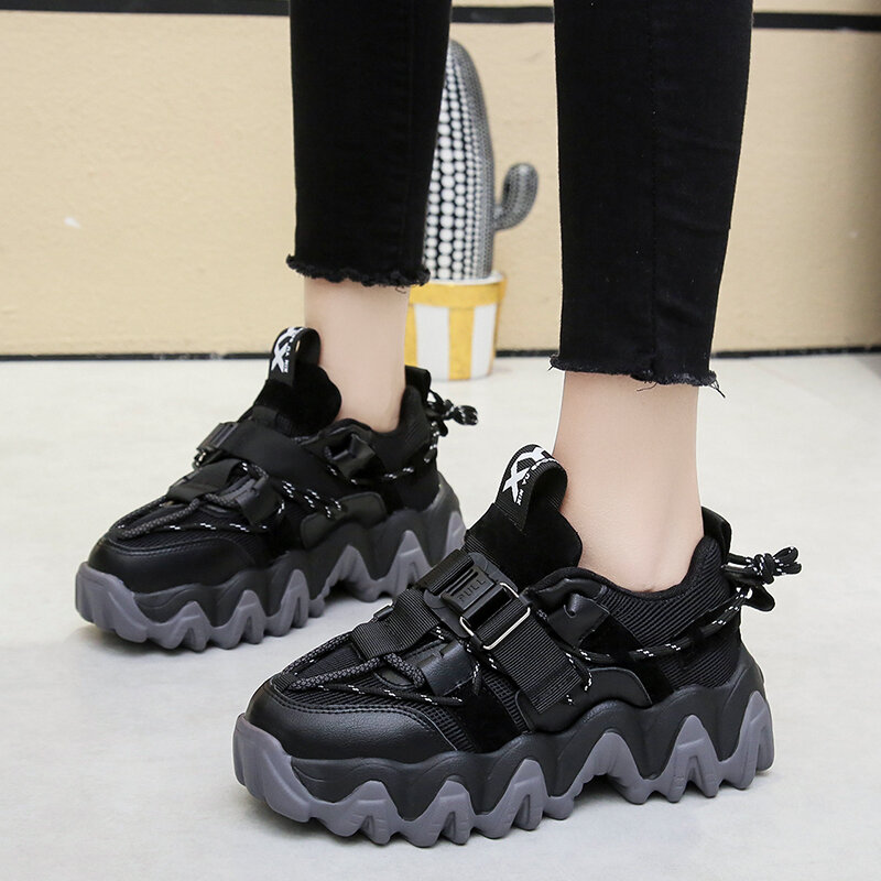 Feminino pai sapatos esportivos rendas-up tênis feminino cunhas casuais dedo do pé redondo sapatos de plataforma de borracha sapatos femininos vulcanizados primavera