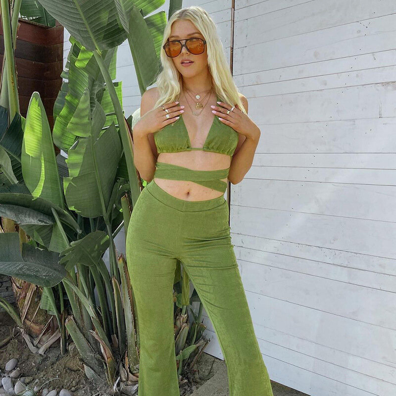 2021 Sexy Hollow Out 2 Piece Sets Women Outfits Bandage Sleeveless Strap Crop Top and High Waist Flare Pants Casual Summer Suits